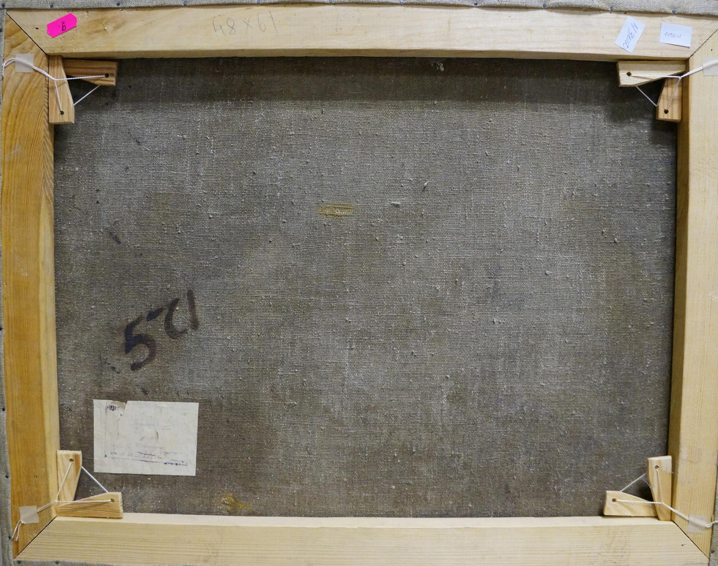 Back of framed Oil painting Fish table Varennya Mykola Romanovych, light wood frame, gray fabric backing