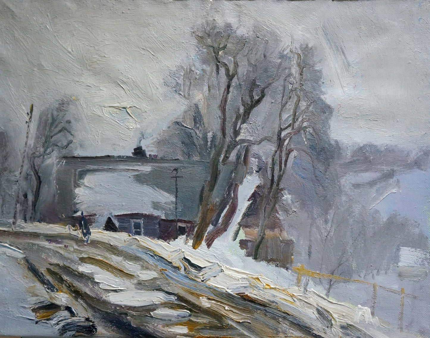 Muted gray oil painting of snowy rural landscape with bare trees, path, blizzard coming