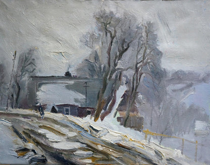 Muted gray oil painting of snowy rural landscape with bare trees, path, blizzard coming