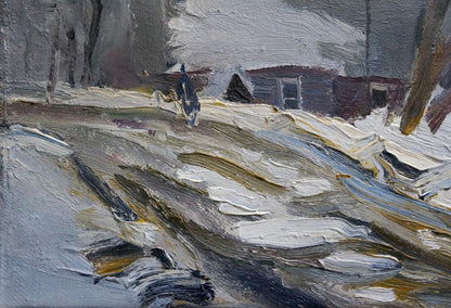 Textured impressionistic oil painting of snowy blizzard landscape by unknown artist