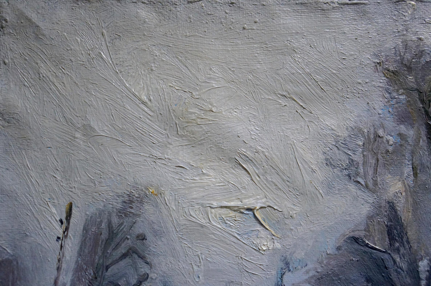 Textured gray abstract oil painting A blizzard is coming with blue and yellow hints