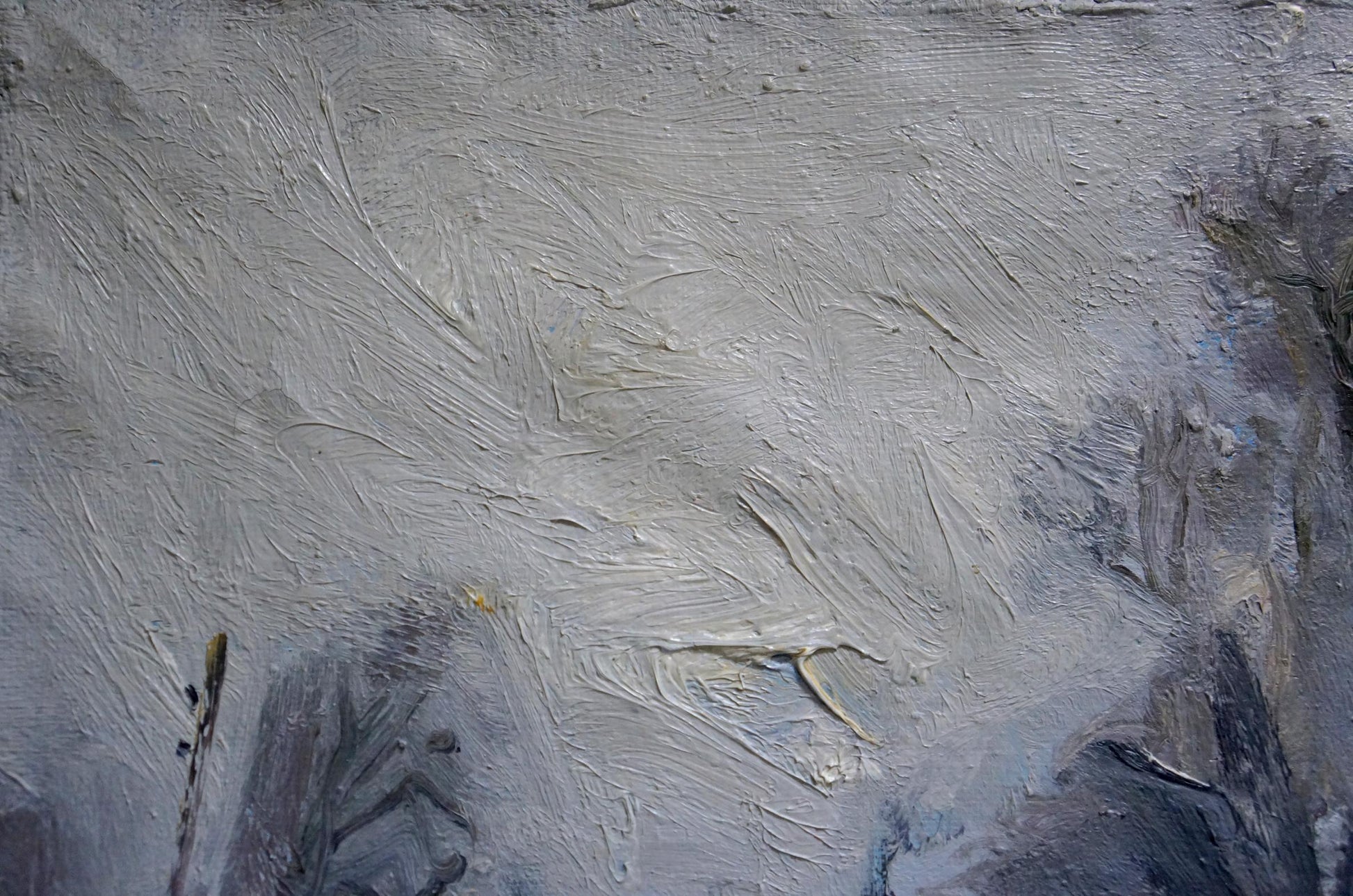 Textured gray abstract oil painting A blizzard is coming with blue and yellow hints