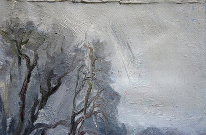Oil painting A blizzard is coming textured bare branches gray sky