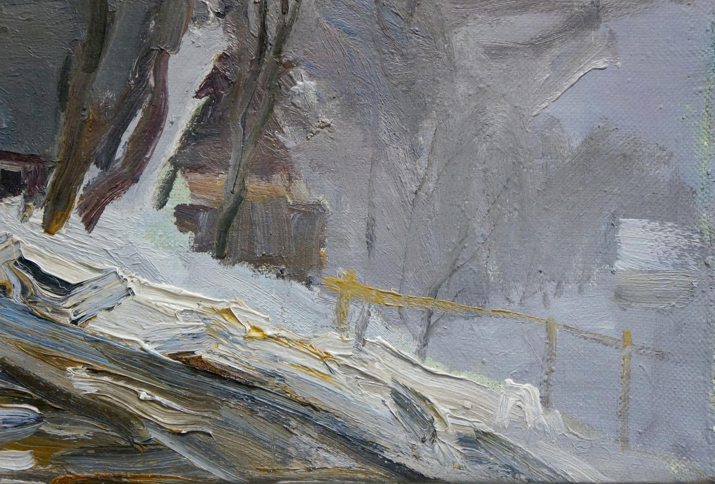 Oil painting of impending blizzard in snowy landscape by unknown artist