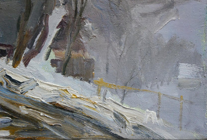 Oil painting of impending blizzard in snowy landscape by unknown artist