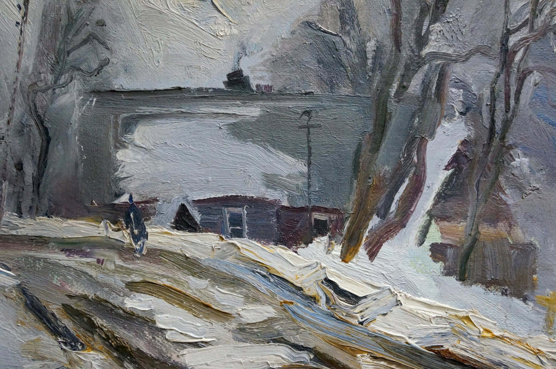 Oil painting A blizzard is coming snowy landscape with bare trees