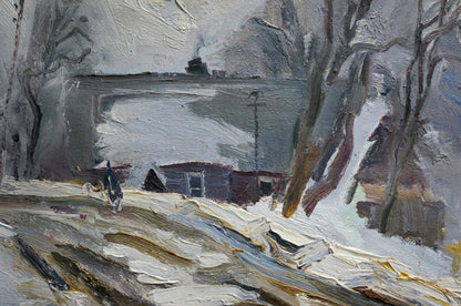 Oil painting A blizzard is coming snowy landscape with bare trees