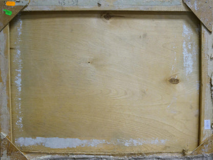 Back of Oil painting A blizzard is coming canvas with light wood grain and knots