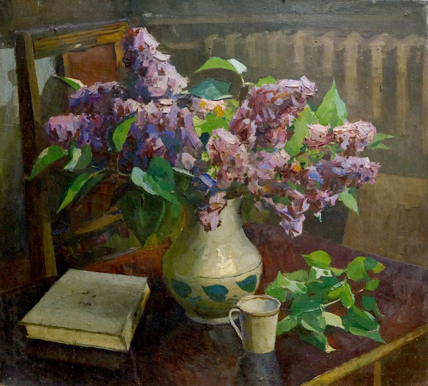 Oil painting Lilac and book vase with teal leaf patterns