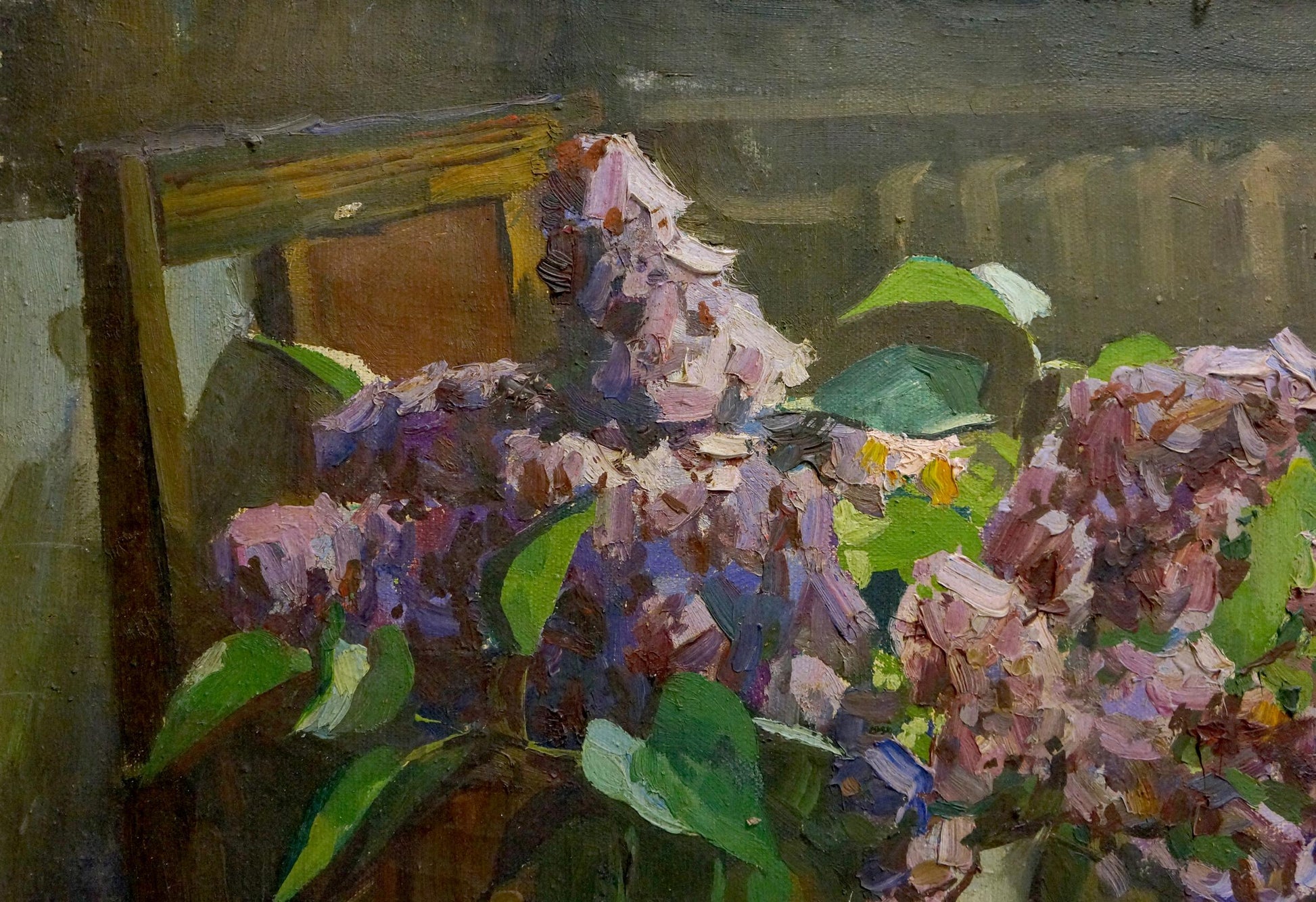 Oil painting of purple lilac blossoms, green leaves and book by unknown artist