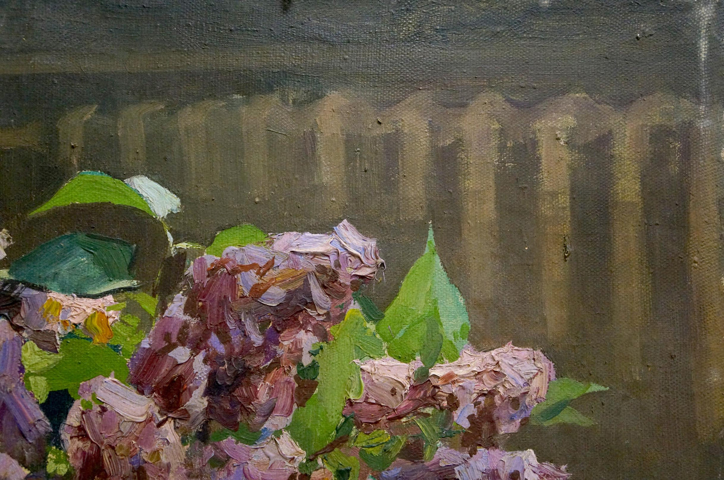 Oil painting of lilac blossoms and book by unknown artist