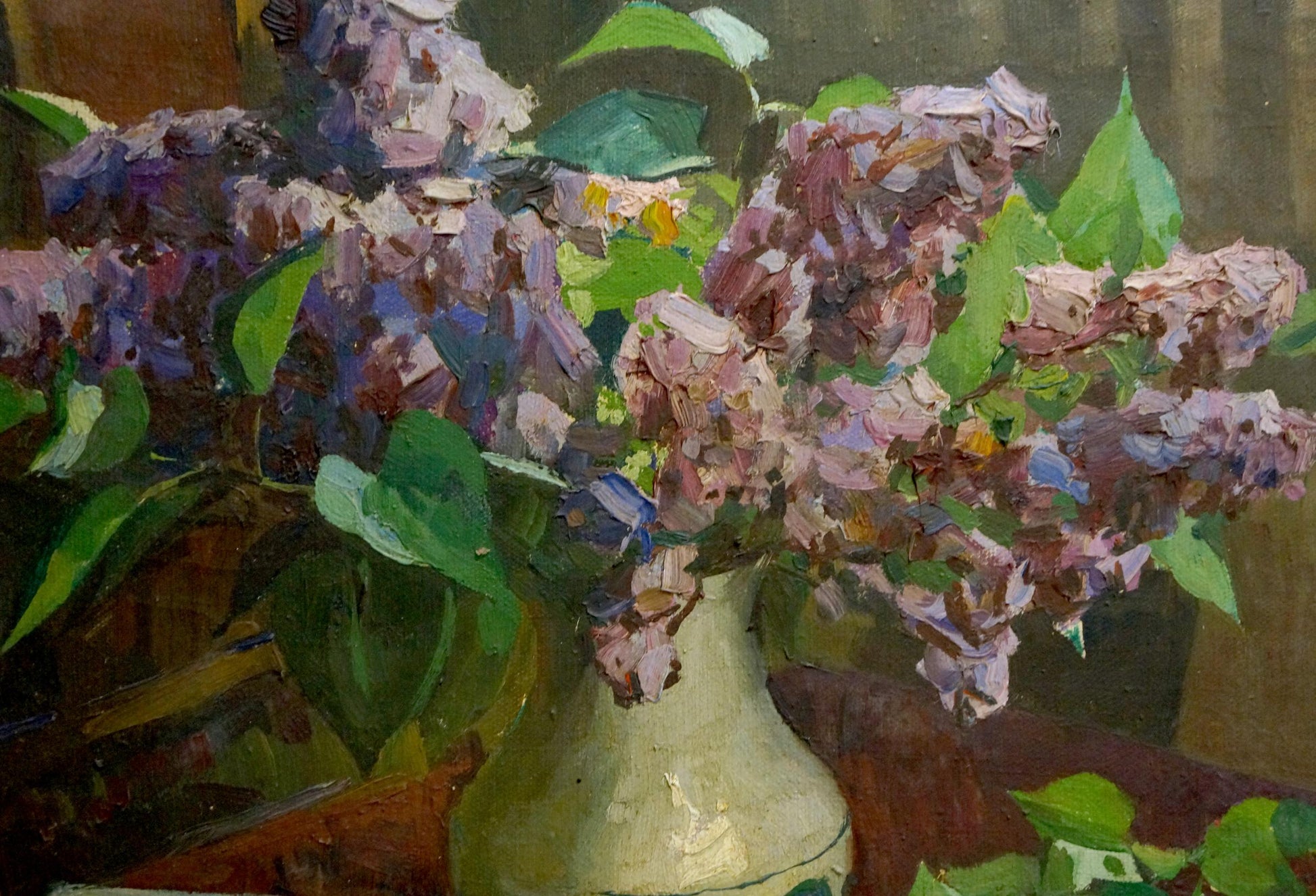 Oil painting of lilacs in vase and book by unknown artist