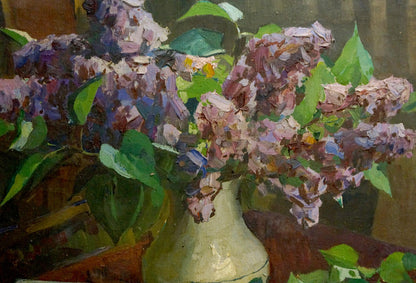Oil painting of lilacs in vase and book by unknown artist