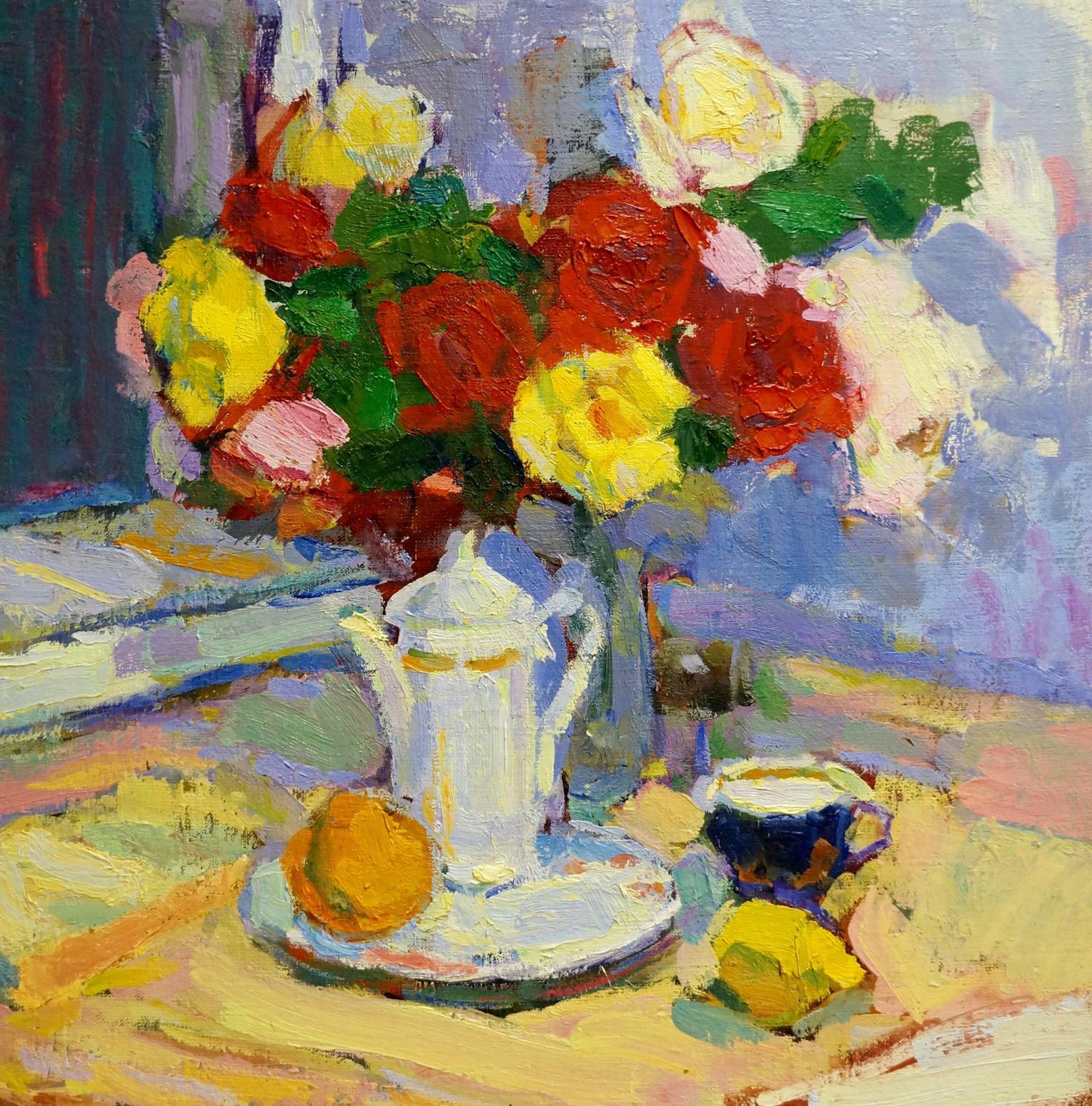 Oil painting of vibrant multicolored roses by Leonid Zaborovsky