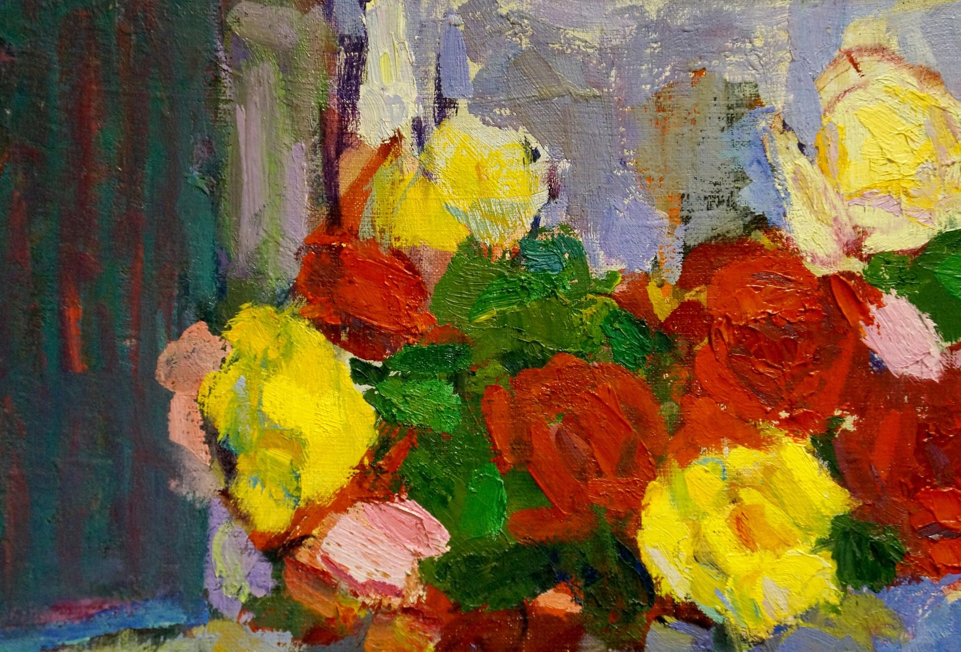 Vibrant impressionist oil painting of multicolored roses by Leonid Zaborovsky