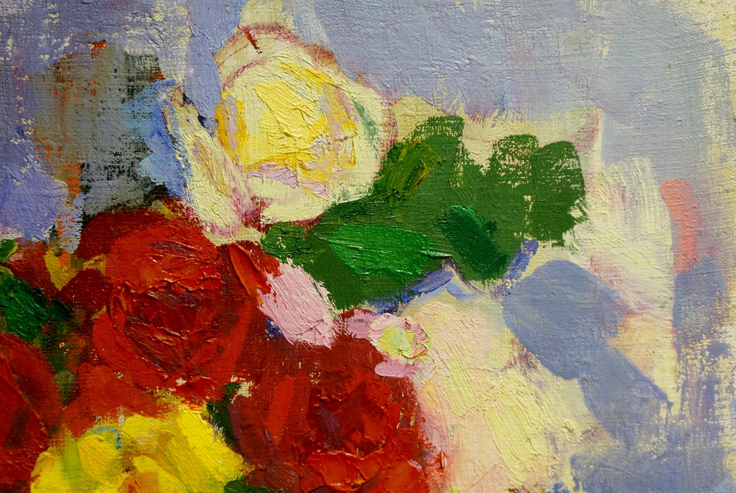 Vibrant impressionist oil painting of multicolored roses by Leonid Zaborovsky
