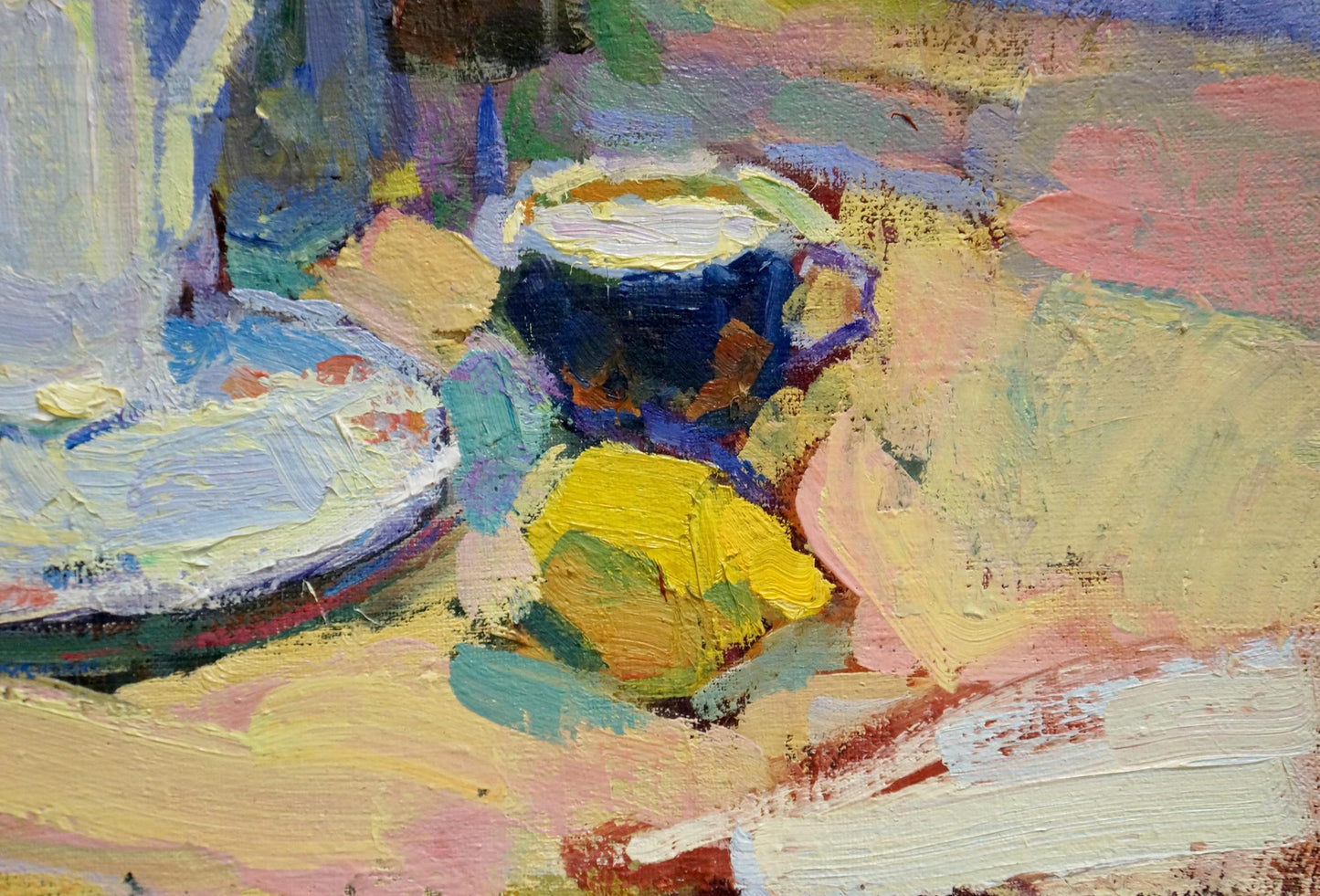 Oil painting of multicolored roses, lemon tea in dark blue cup with purple rim on yellow surface by Leonid Zaborovsky