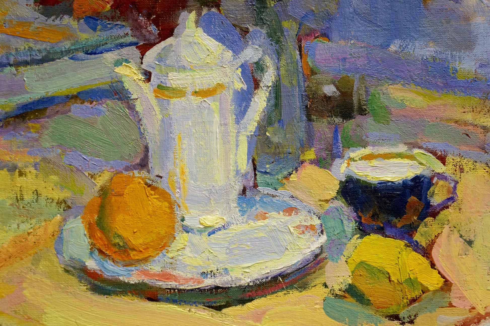 Oil painting of white teapot on saucer with orange by Leonid Zaborovsky