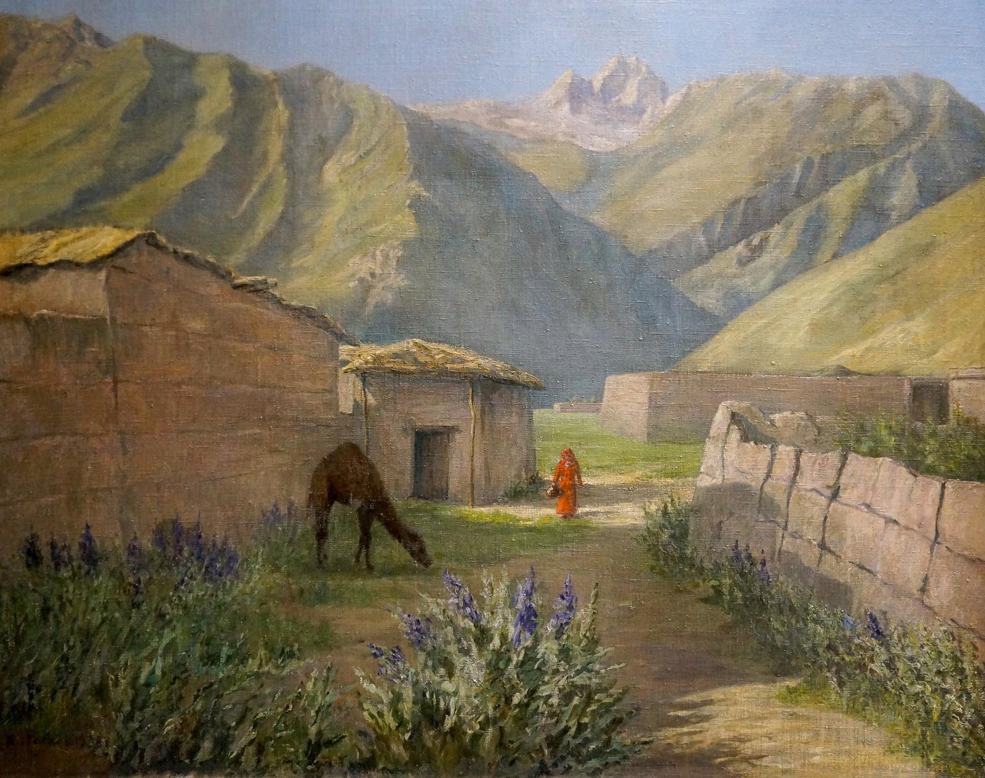 Oil painting by Maslov Viktor Ivanovich: rustic village in green foothills with mountains