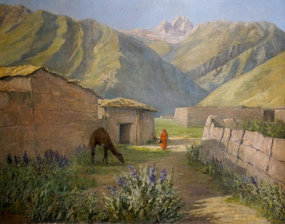 Oil painting by Maslov Viktor Ivanovich: rustic village in green foothills with mountains