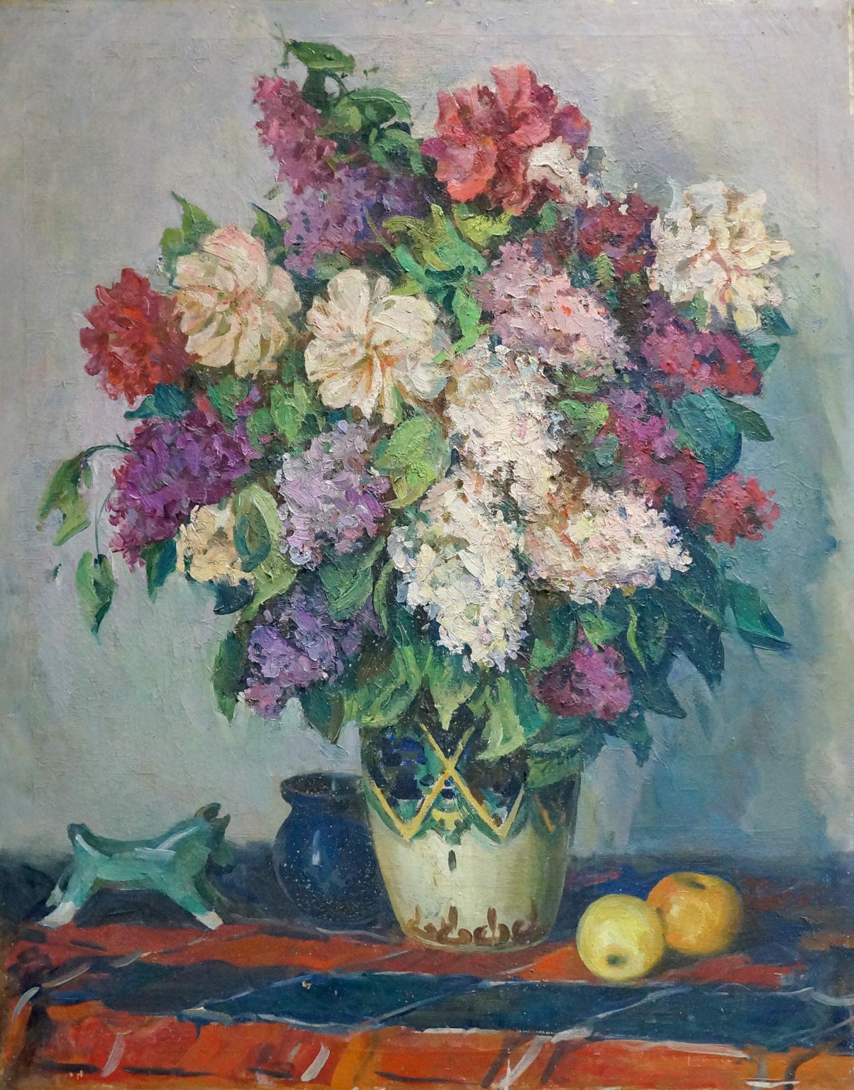 Oil painting of vibrant lilac bouquet in geometric vase by unknown artist