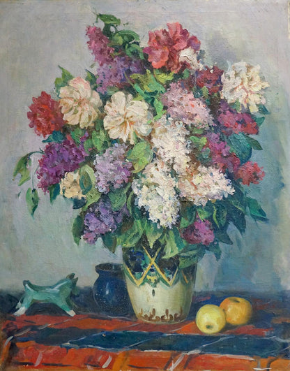 Oil painting of vibrant lilac bouquet in geometric vase by unknown artist