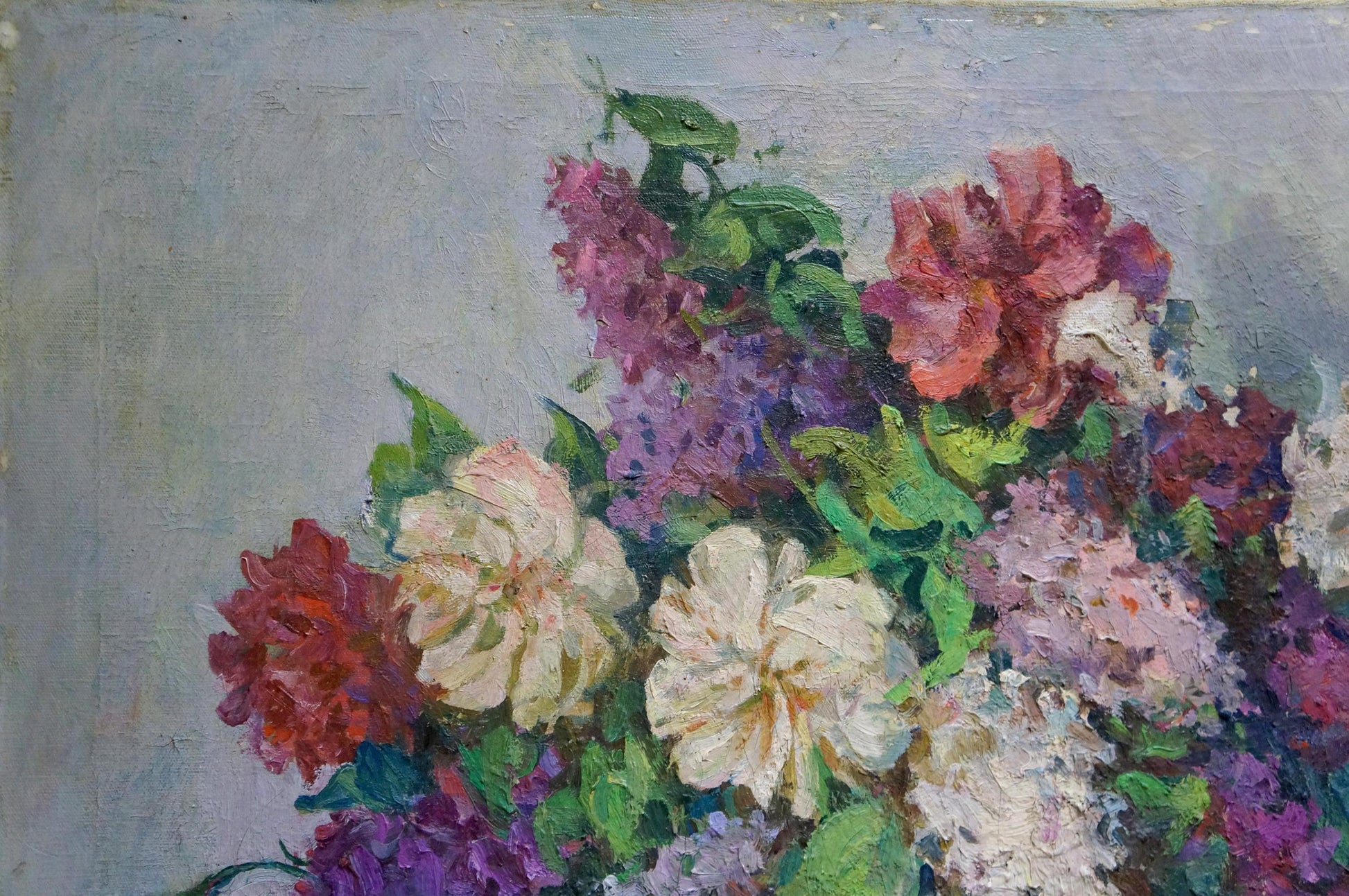 Oil painting of vibrant pink, purple, white flower bouquet by unknown artist