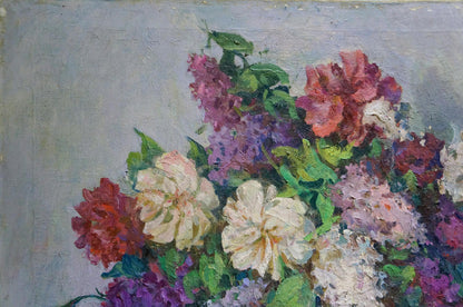 Oil painting of vibrant pink, purple, white flower bouquet by unknown artist