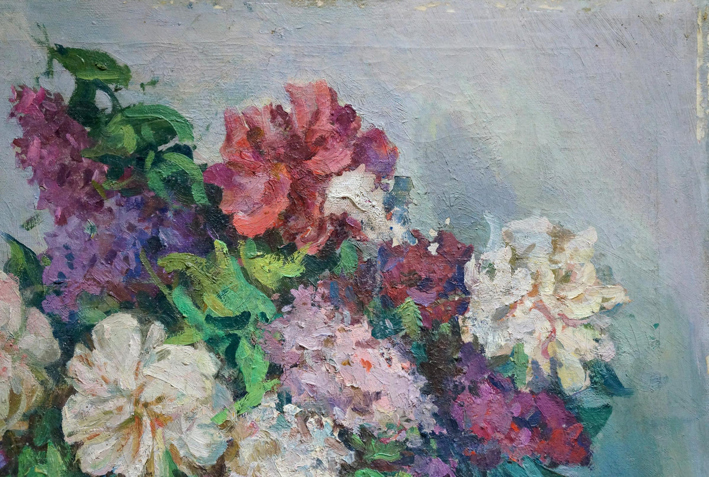 Vibrant oil painting of pink, white, purple flower bouquet by unknown artist