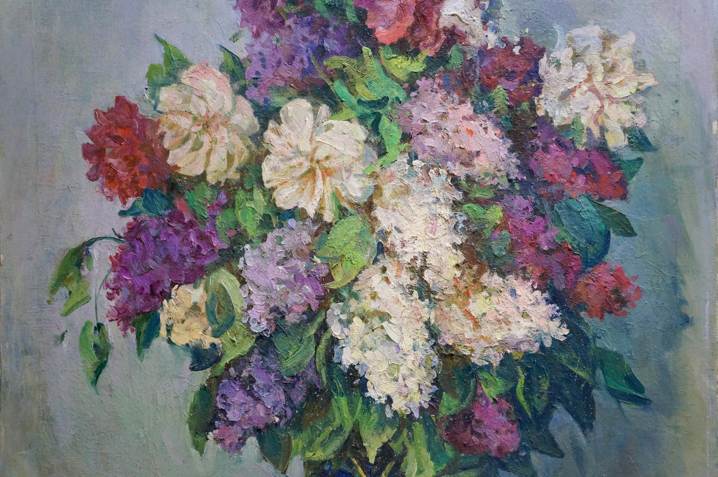 Oil painting of lilac and rose bouquet by unknown artist