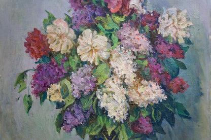 Oil painting of lilac and rose bouquet by unknown artist
