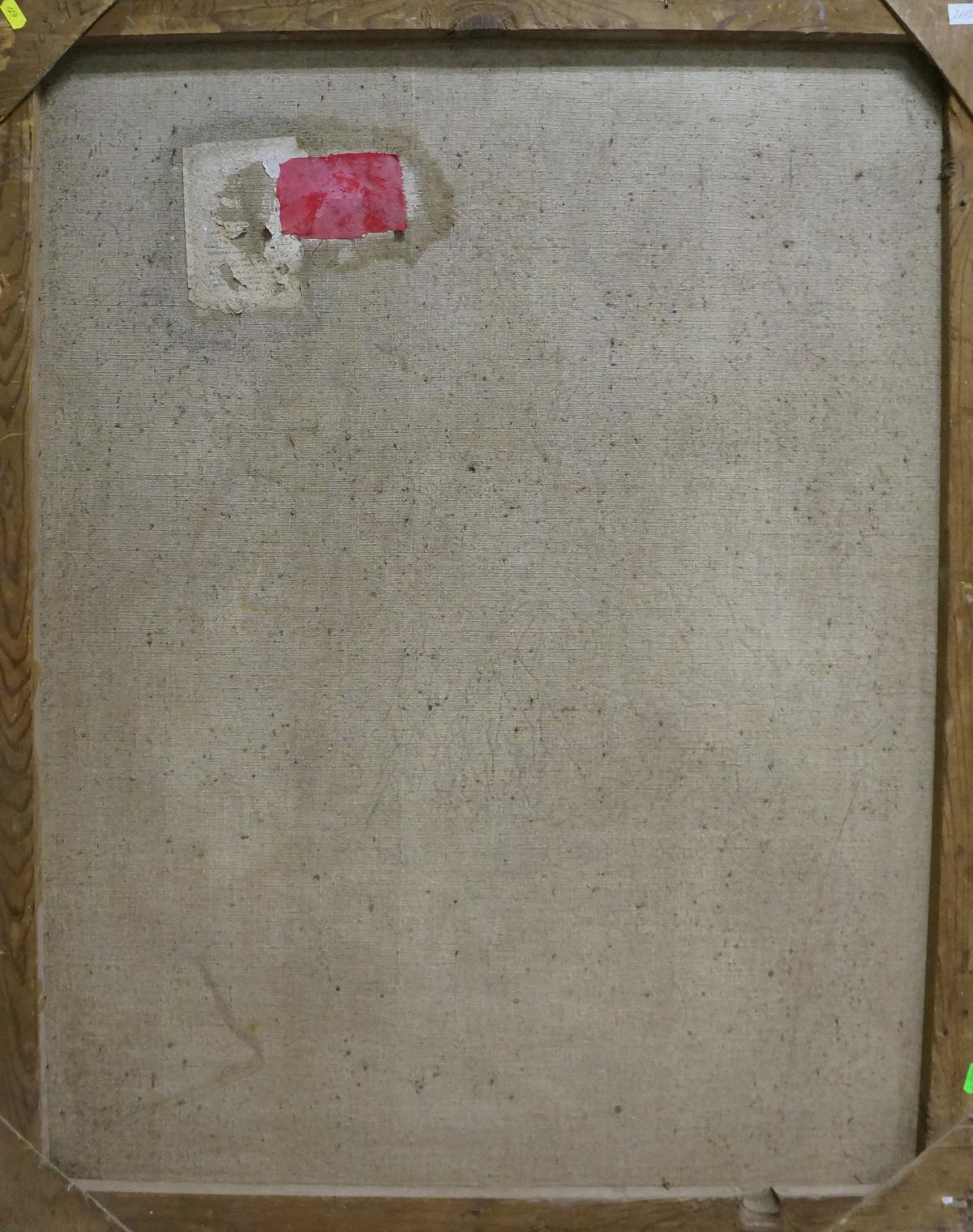Back of framed oil painting Bouquet of flowers with beige backing and red sticker