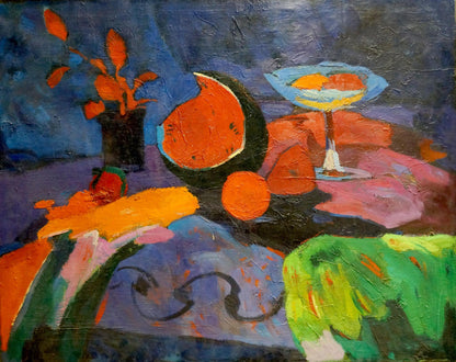 Oil painting At the Night Window by Likhovid Georgy Ivanovich, vibrant orange watermelon slice