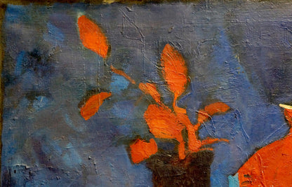 Vibrant orange impasto floral oil painting At the Night Window by Likhovid Georgy Ivanovich on blue background