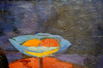 Oil painting At the Night Window by Likhovid Georgy Ivanovich: textured blue bowl with orange halves