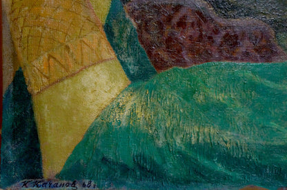 Oil painting Sleeping girl by Kachanov Konstantin Silovich in yellow teal abstract style