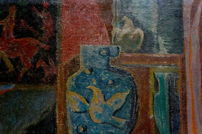 Blue ceramic vase with gold bird motifs in Sleeping Girl oil painting by Kachanov Konstantin Silovich