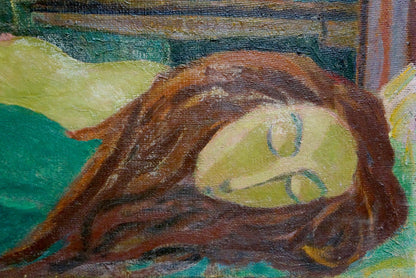 Oil painting of sleeping girl with long brown hair by Kachanov Konstantin Silovich