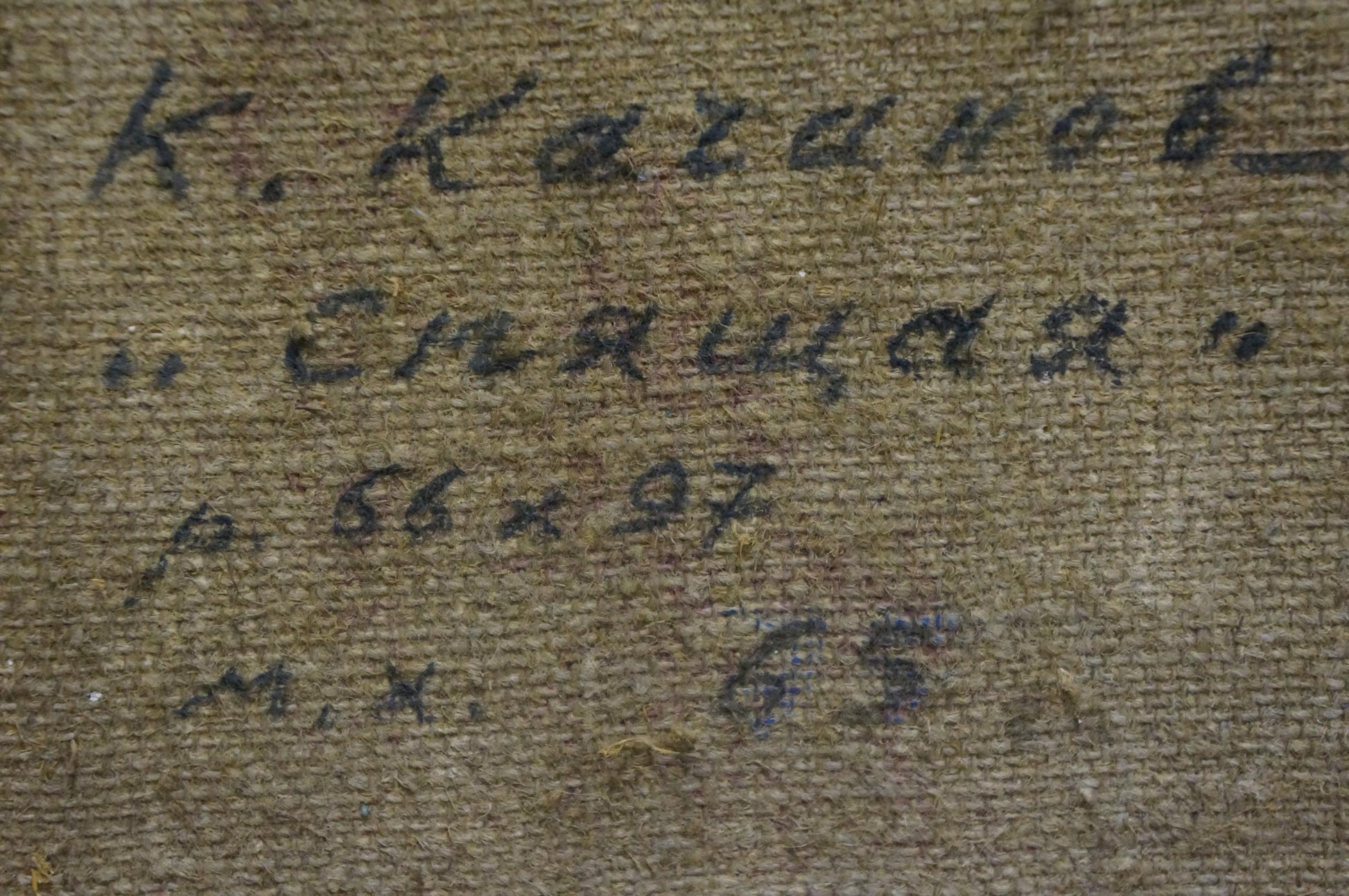 Handwritten Cyrillic script on back of Kachanov Konstantin Silovich oil painting