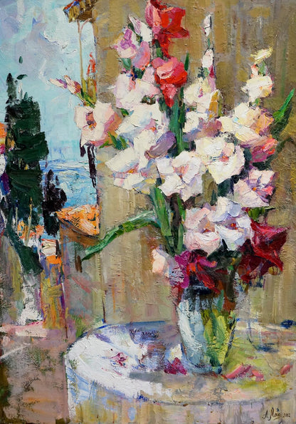 Oil painting of vibrant gladiolus bouquet in glass vase by Angela Valerievna Moiseenko