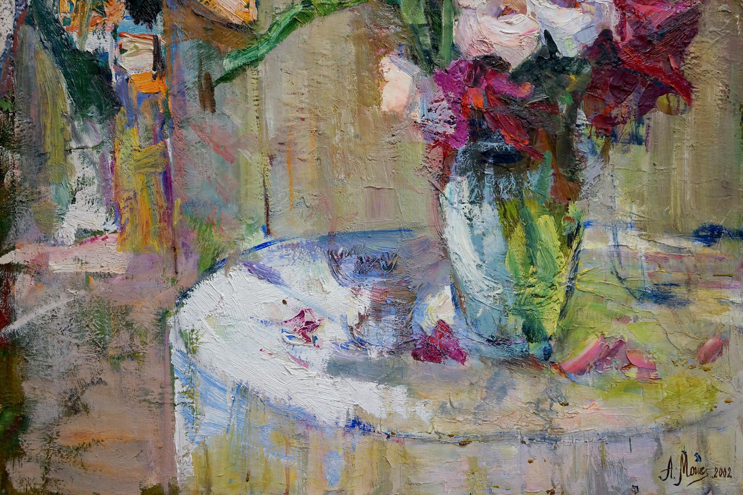 Vibrant impressionistic oil painting of colorful flowers in vase by Angela Valerievna Moiseenko