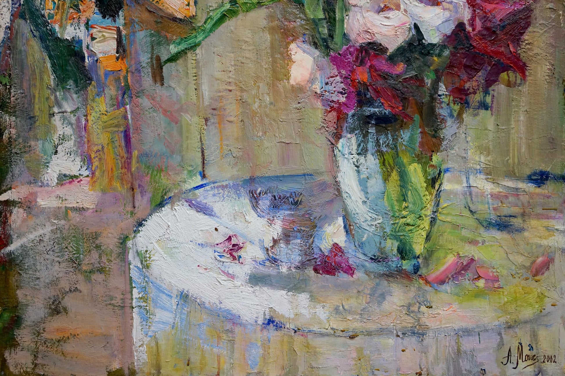 Vibrant impressionistic oil painting of colorful flowers in vase by Angela Valerievna Moiseenko