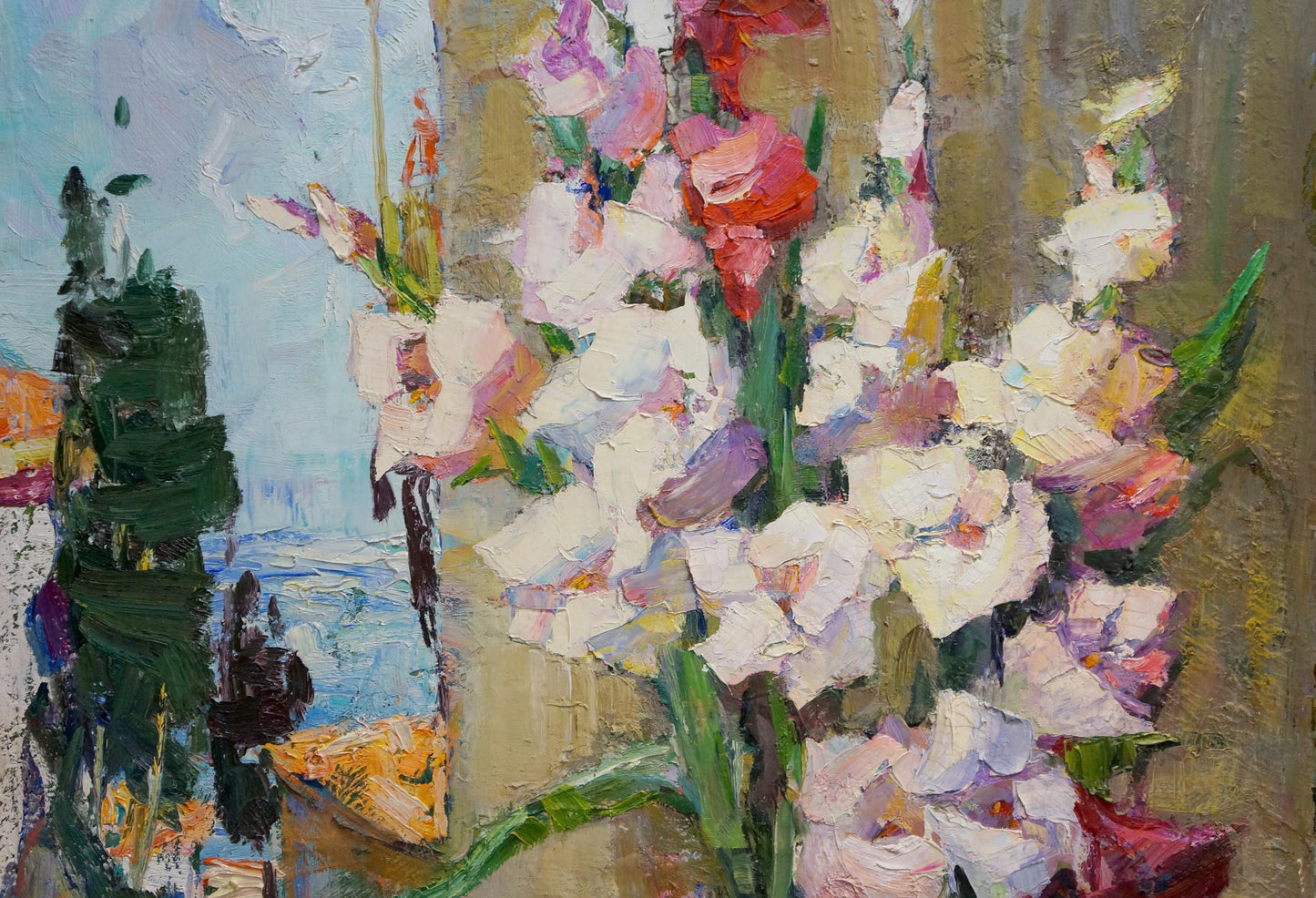 Vibrant impressionistic oil painting of gladiolus bouquet by Angela Valerievna Moiseenko