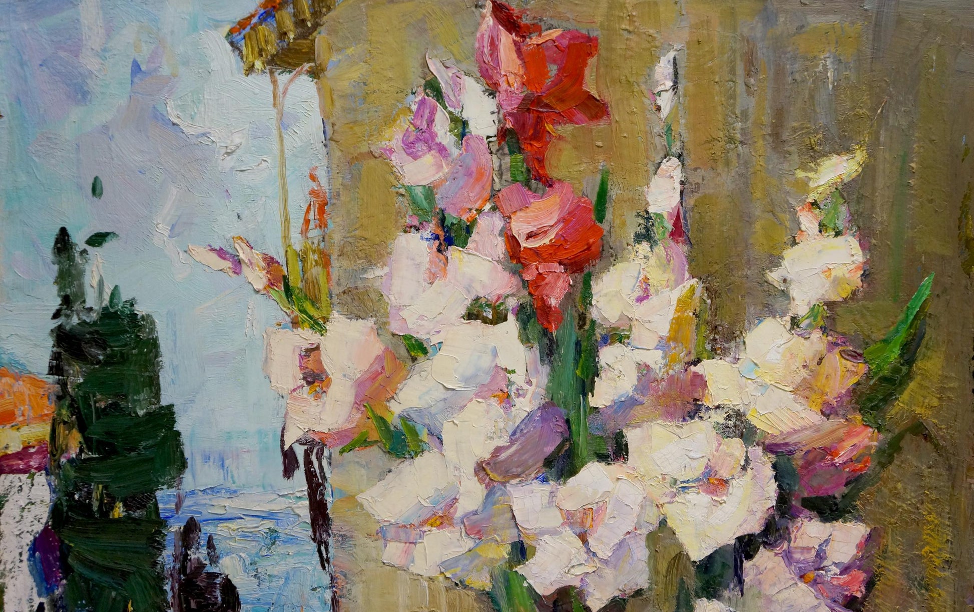 Vibrant impressionistic gladiolus bouquet oil painting by Angela Valerievna Moiseenko