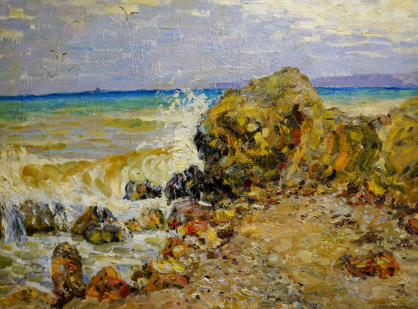 Oil painting by Petr Kolomoitsev: textured rocky shoreline with crashing waves