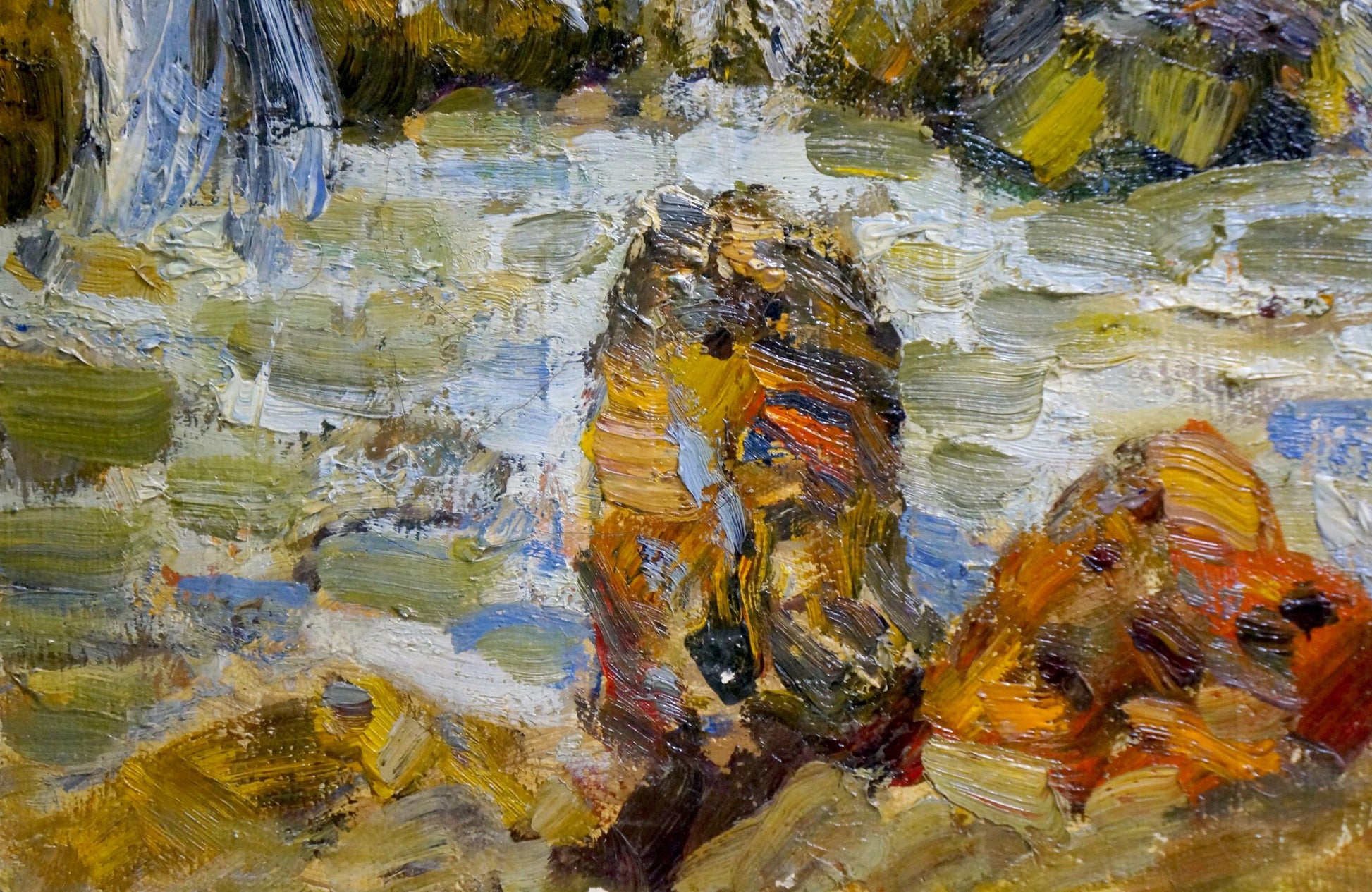 Impressionistic oil painting of rocky shore waves by Petr Kolomoitsev