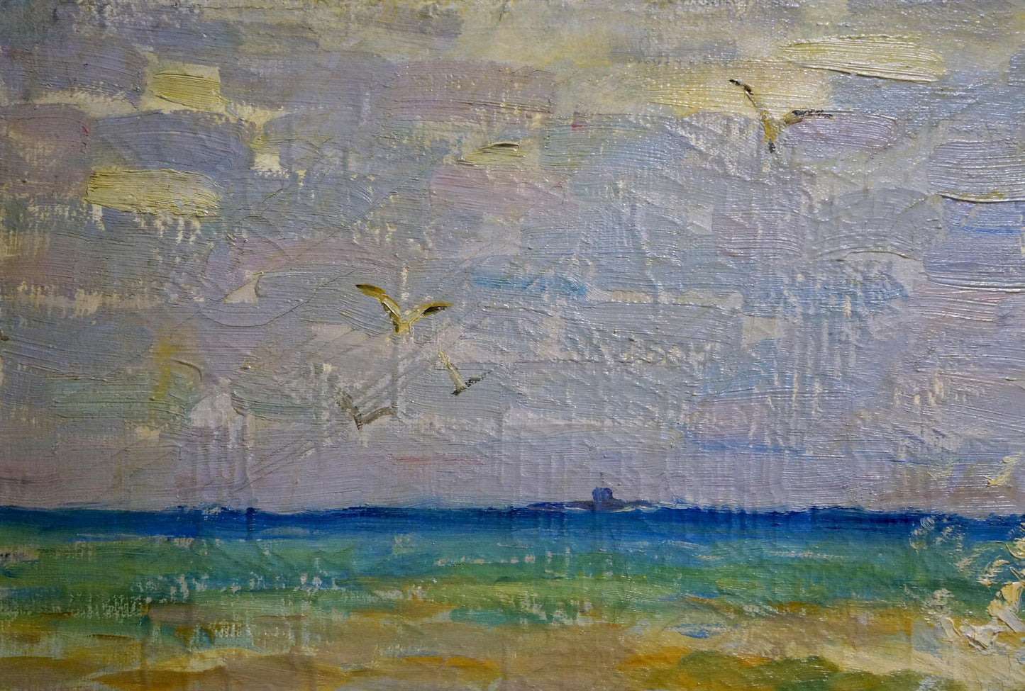 Textured oil painting by Petr Kolomoitsev: waves crash on shore with seagulls