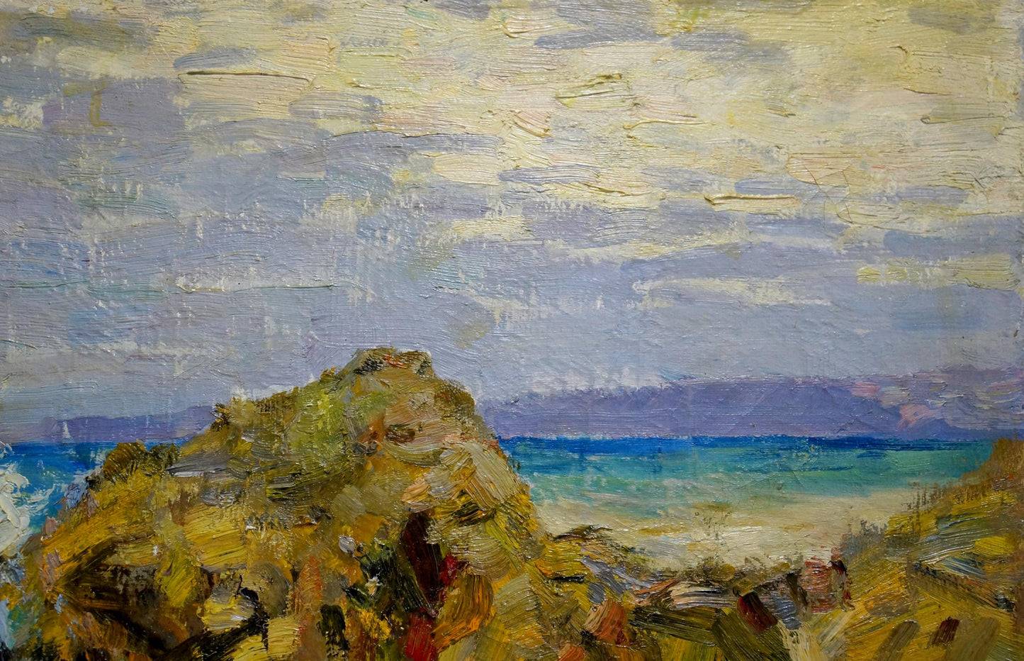 Oil painting by Petr Kolomoitsev: waves crash on rocky shore