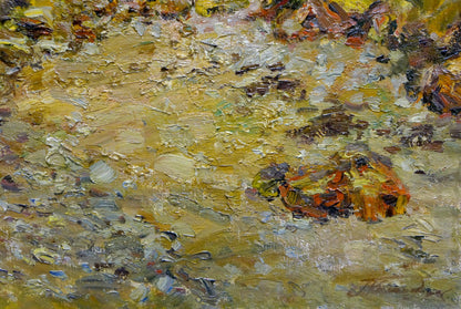 Vibrant orange yellow flowers in impressionistic oil painting by Petr Kolomoitsev