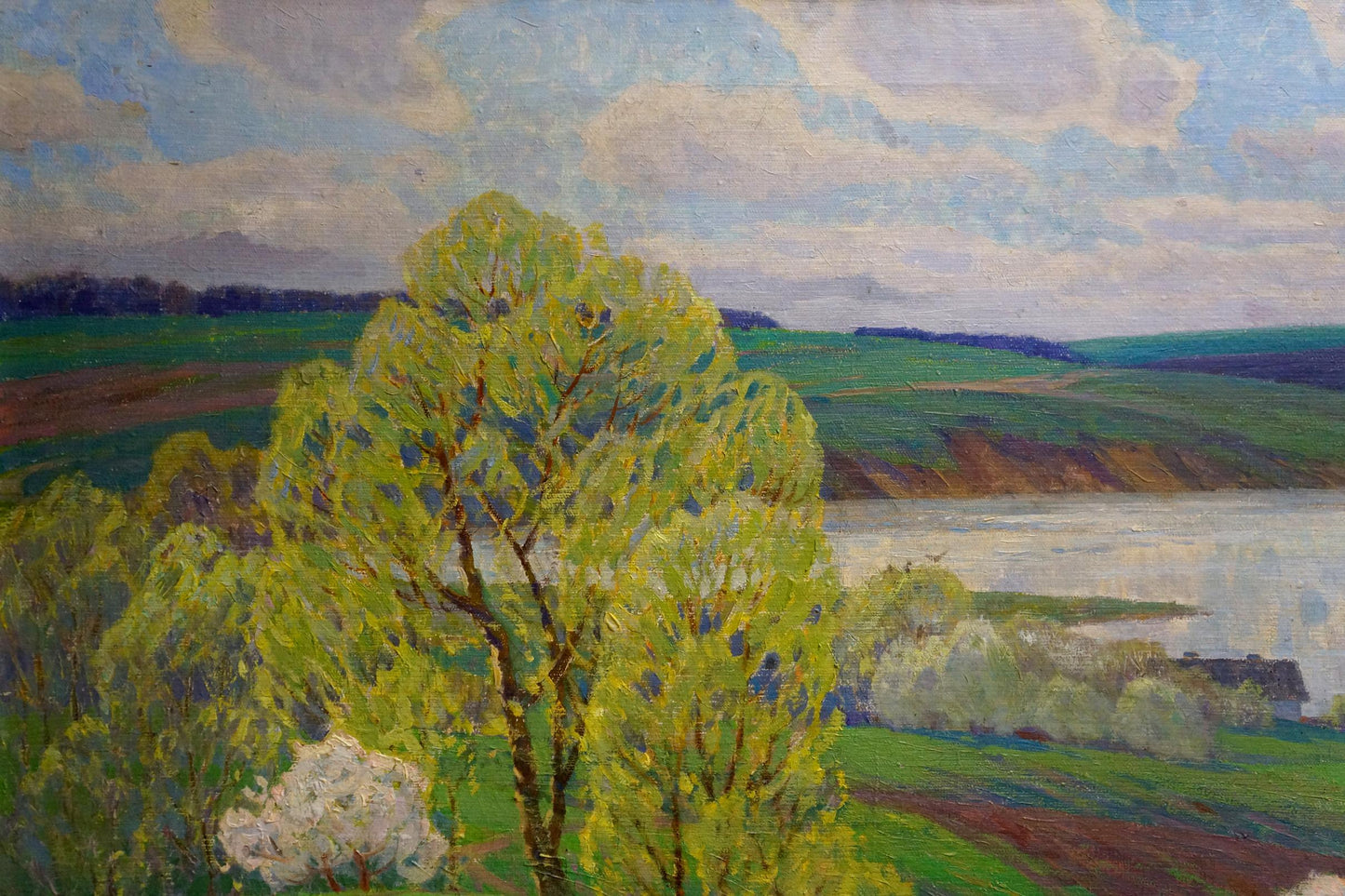 Oil painting Spring by Zlyden Yuri Fedorovich: vibrant green tree in pastoral landscape